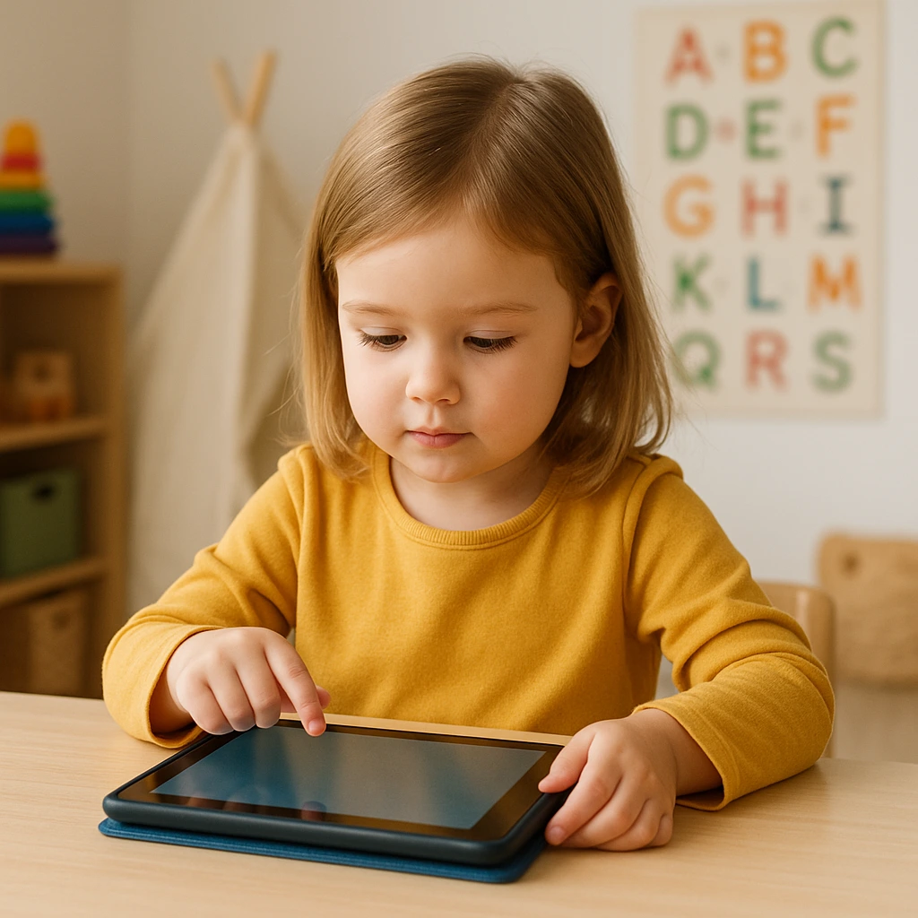 Vorschulkind mit Tablet in einer sicheren Lernumgebung