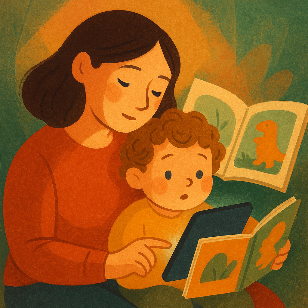 Mutter liest Kleinkind auf einem Tablet und einem Bilderbuch vor