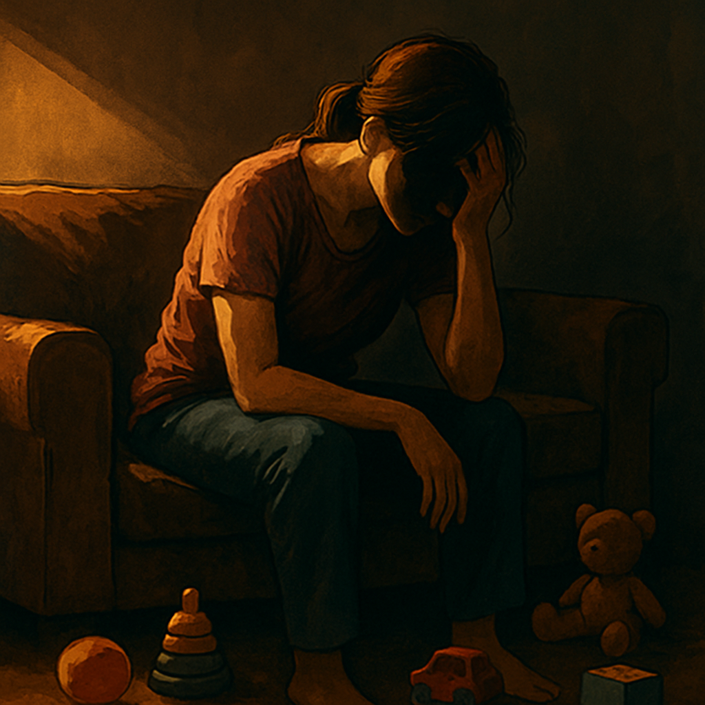 Müde Mutter sitzt mit Kind auf dem Sofa und nimmt sich eine kurze Pause