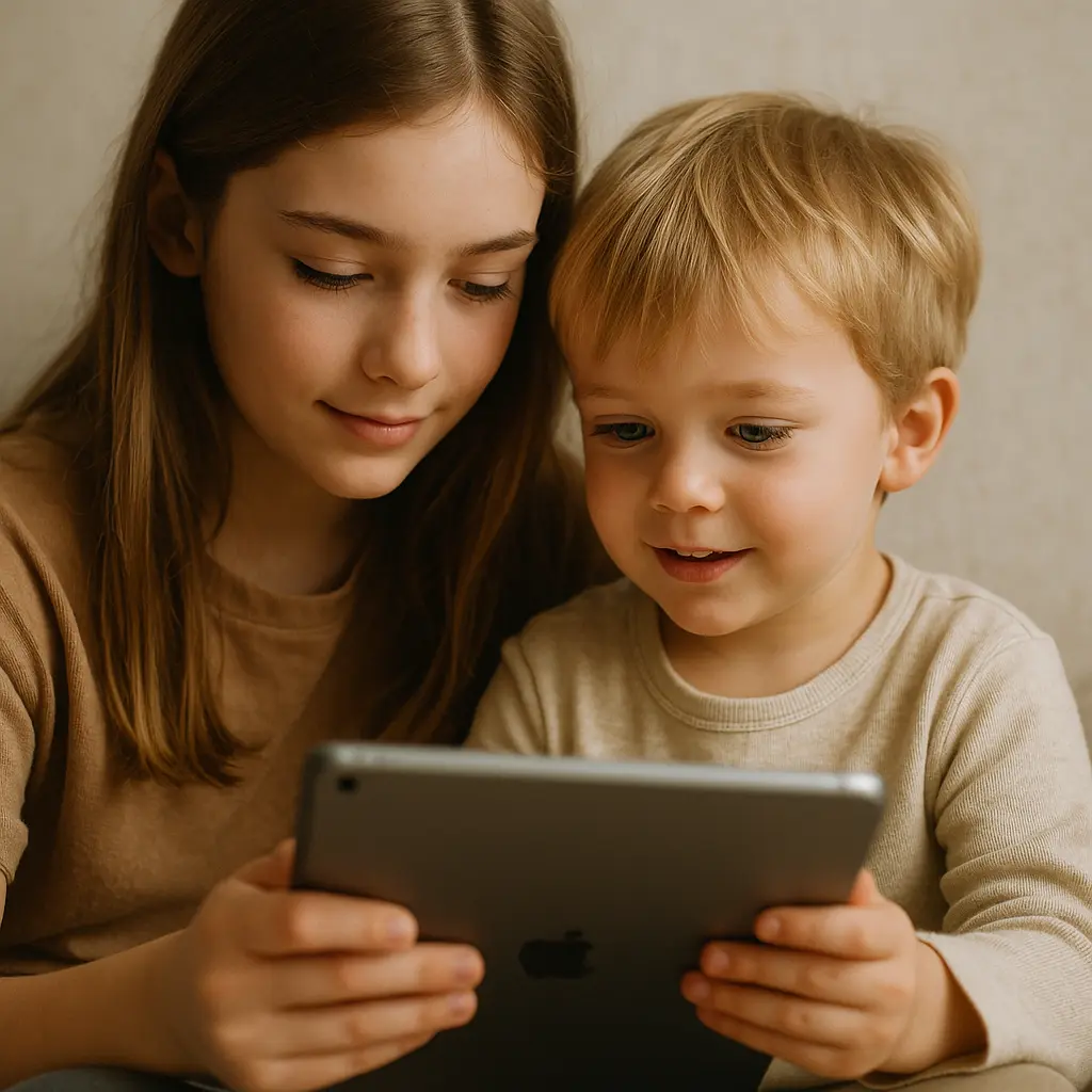 Geschwister nutzen gemeinsam ein Tablet