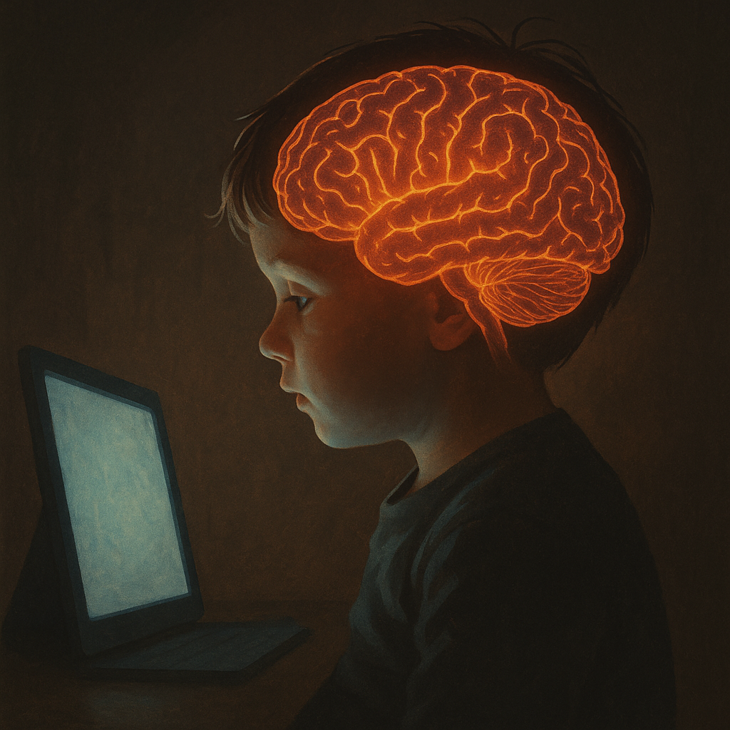 Kind sitzt vor einem Bildschirm, Gehirnentwicklung im Fokus