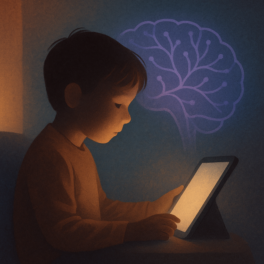 Kind blickt auf ein Tablet in einer ruhigen Umgebung